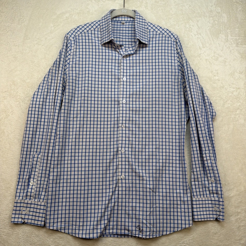 State And Liberty Mens Performance Dress Shirt Blue Plaid Stretch Athletic Small